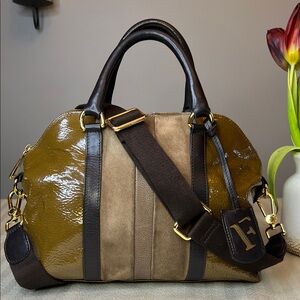 FURLA Suede and Patent Leather Soho Bauletto Crossbody Satchel Handbag